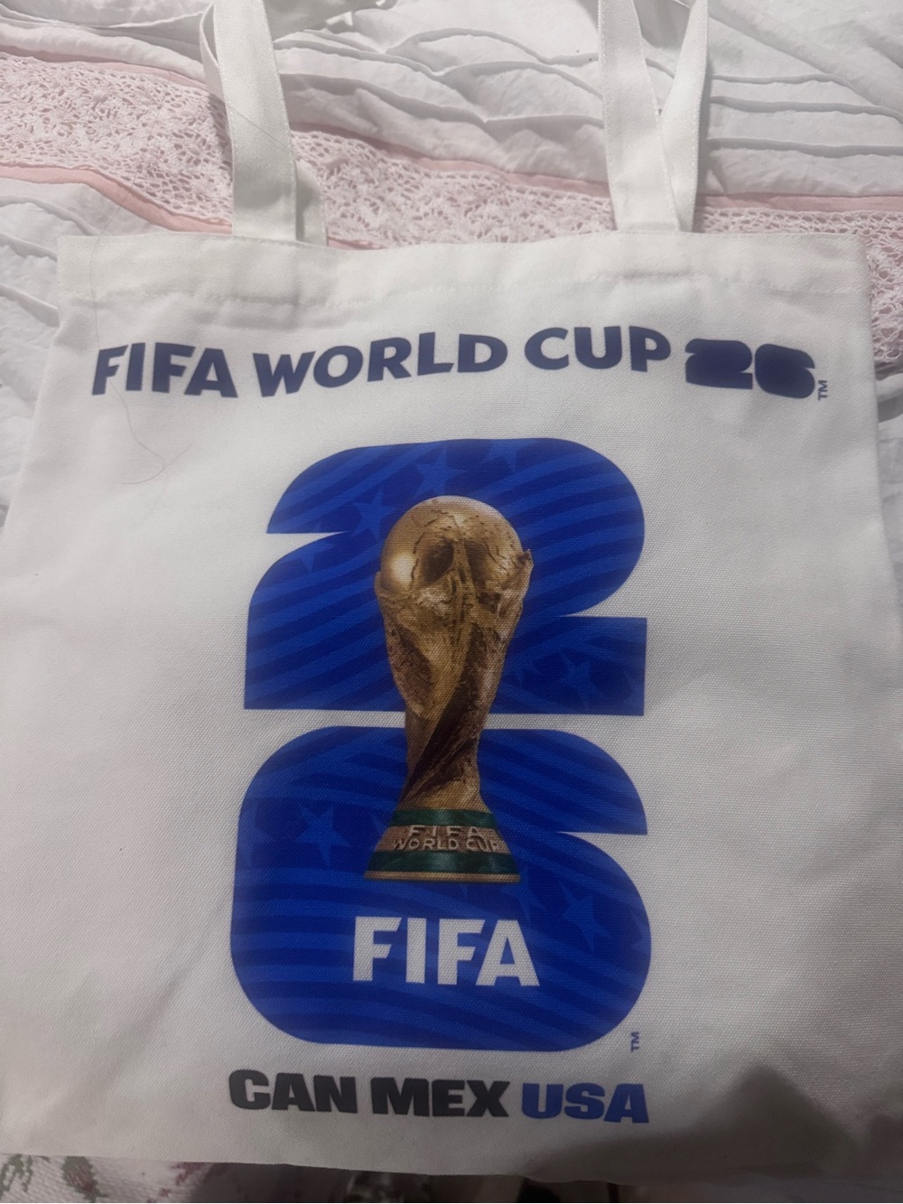 FIFA World Cup 2026 White Tote Bag with Blue and Gold Graphic